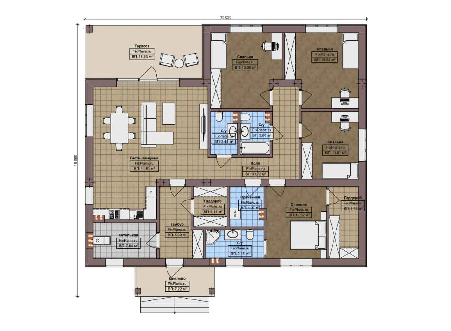 F-12230 - План одноэтажного дома 16 на 16, площадью 180 м² с 4 спальнями