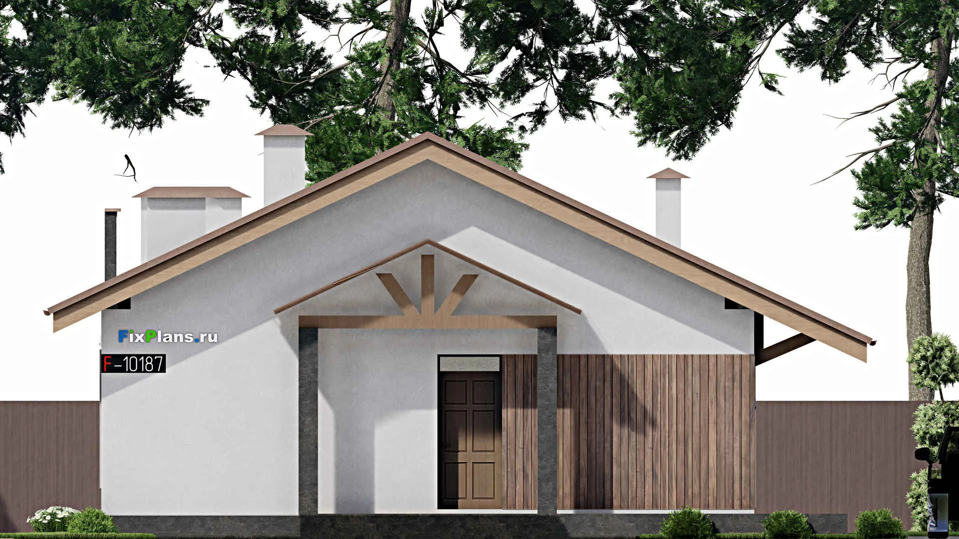 F-10187 - Проект одноэтажного дома 12 на 26, площадью 260 м² с террасой, баней и 2 спальнями