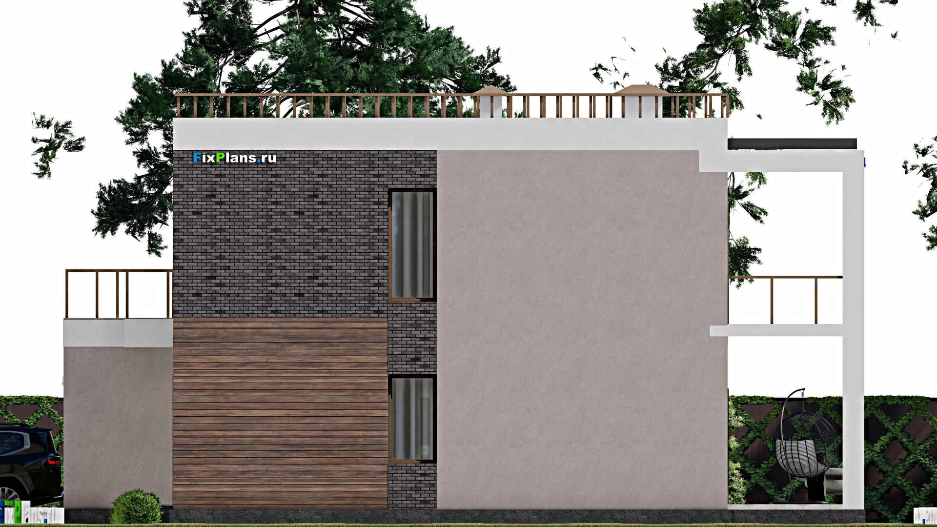 F-6164 - Проект двухэтажного дома 15 на 16, площадью 330 м² с террасой, гаражом на 2 машины и 4 спальнями