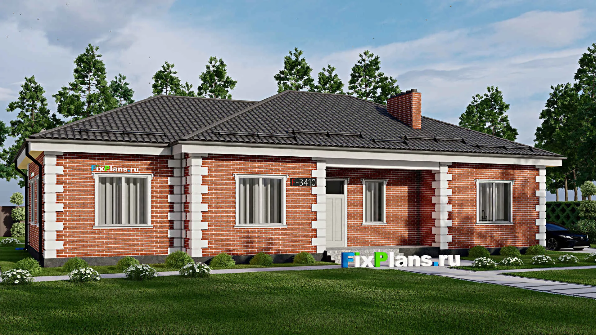 F-3410 - Проект одноэтажного дома 13 на 20, площадью 230 м² с террасой и 4 спальнями