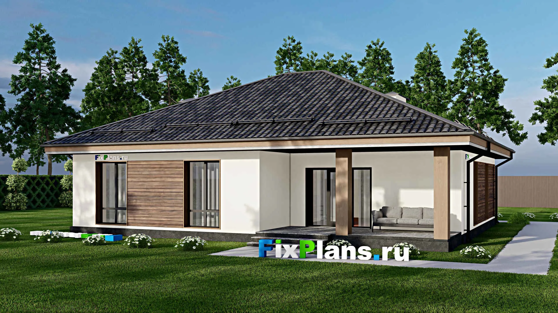 F-5633 - Проект одноэтажного дома 13 на 15, площадью 140 м² с террасой и 3 спальнями