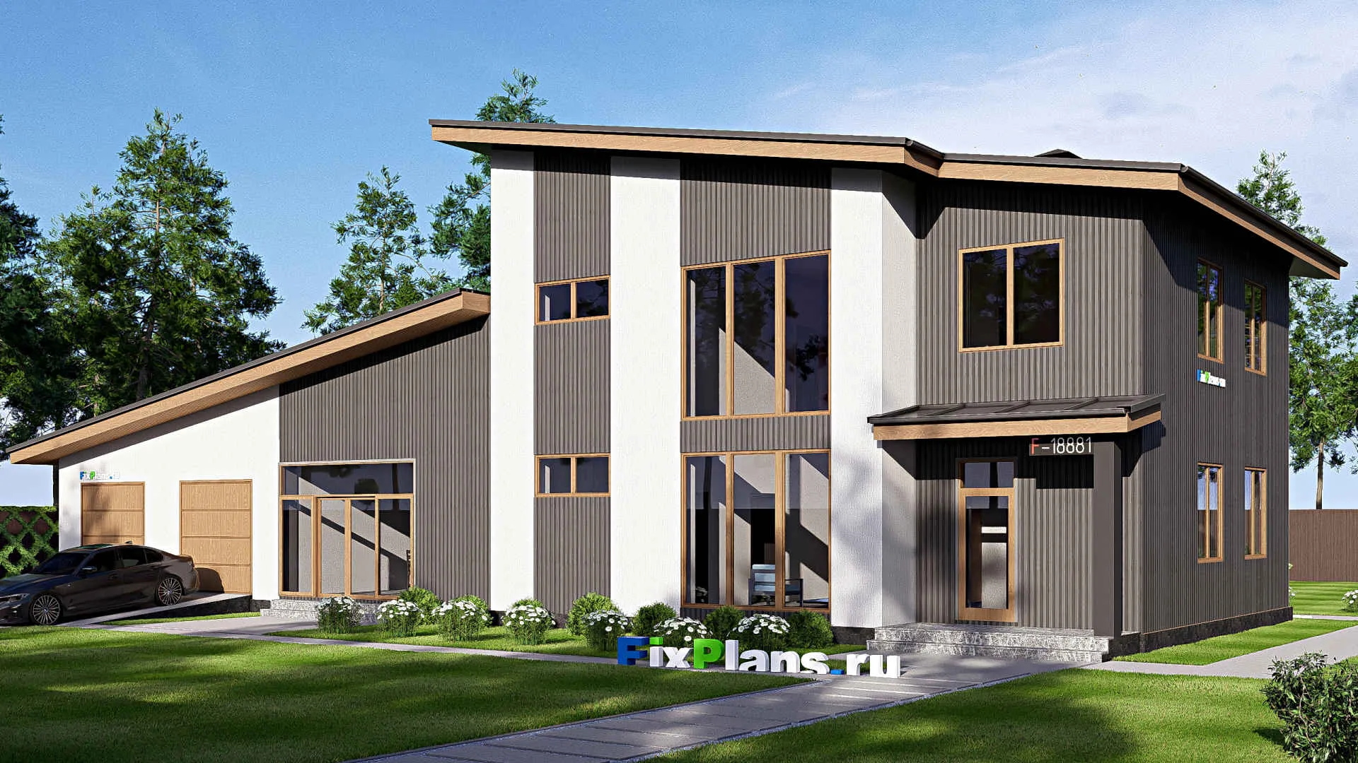 F-18881 - Проект двухэтажного дома 10 на 27, площадью 280 м² с террасой, гаражом на 2 машины и 4 спальнями