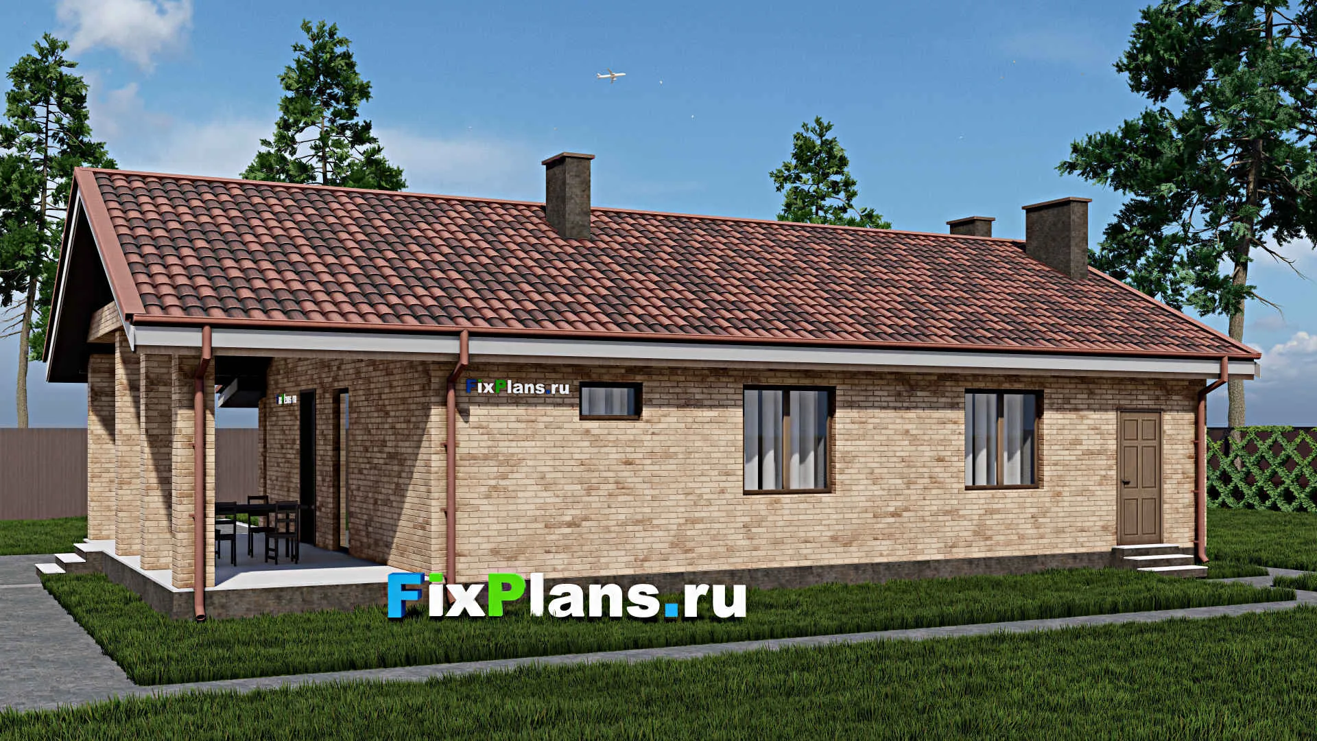 F-0611 - Проект одноэтажного дома 10 на 13, площадью 130 м² с террасой и 3 спальнями