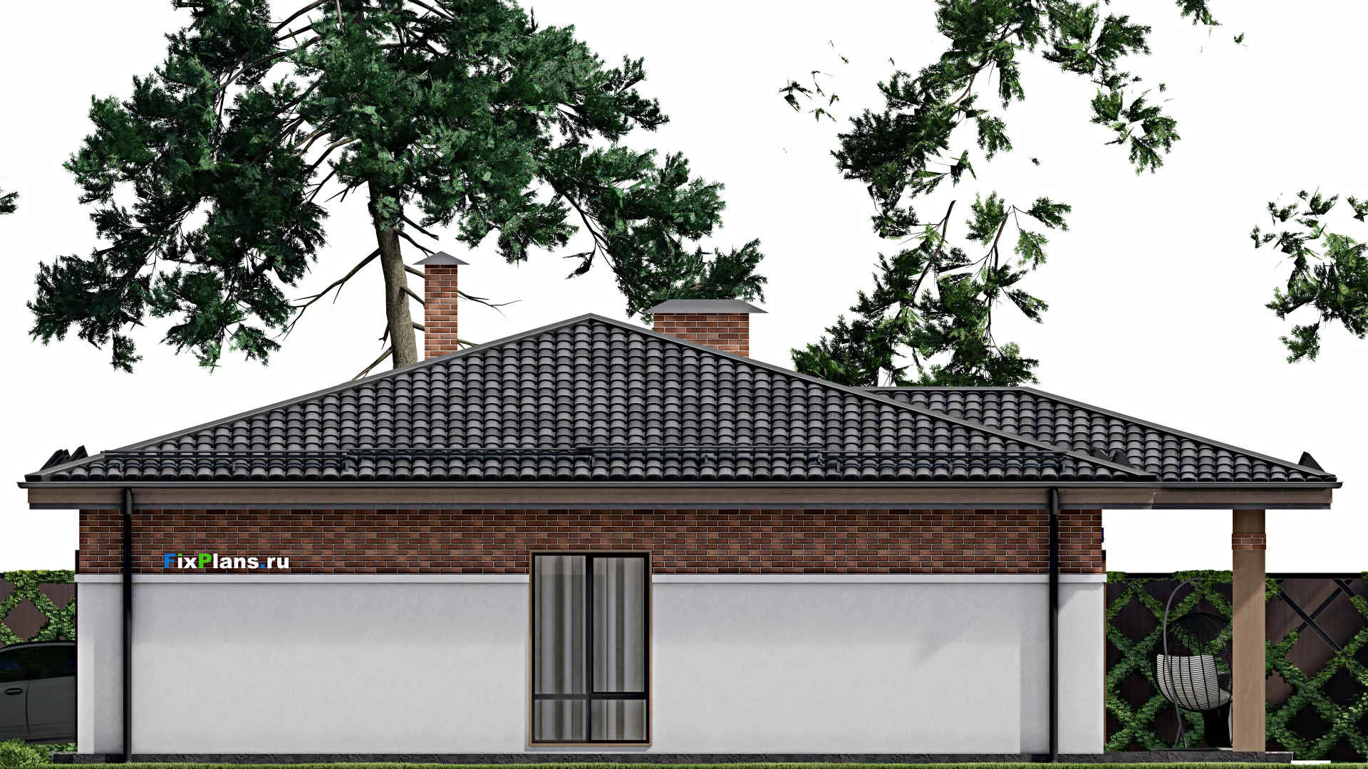 F-8045 - Проект одноэтажного дома 13 на 16, площадью 170 м² с террасой, гаражом на 1 машину и 3 спальнями