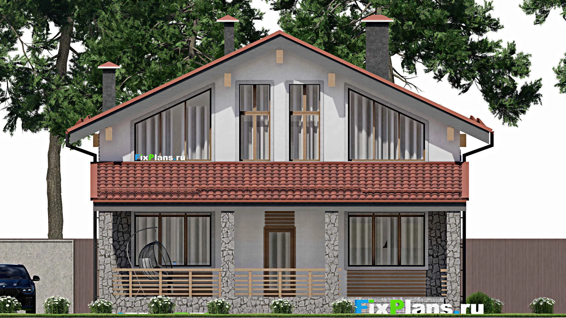 F-6425 - Проект дома с мансардой 11 на 16, площадью 220 м² с террасой и 5 спальнями