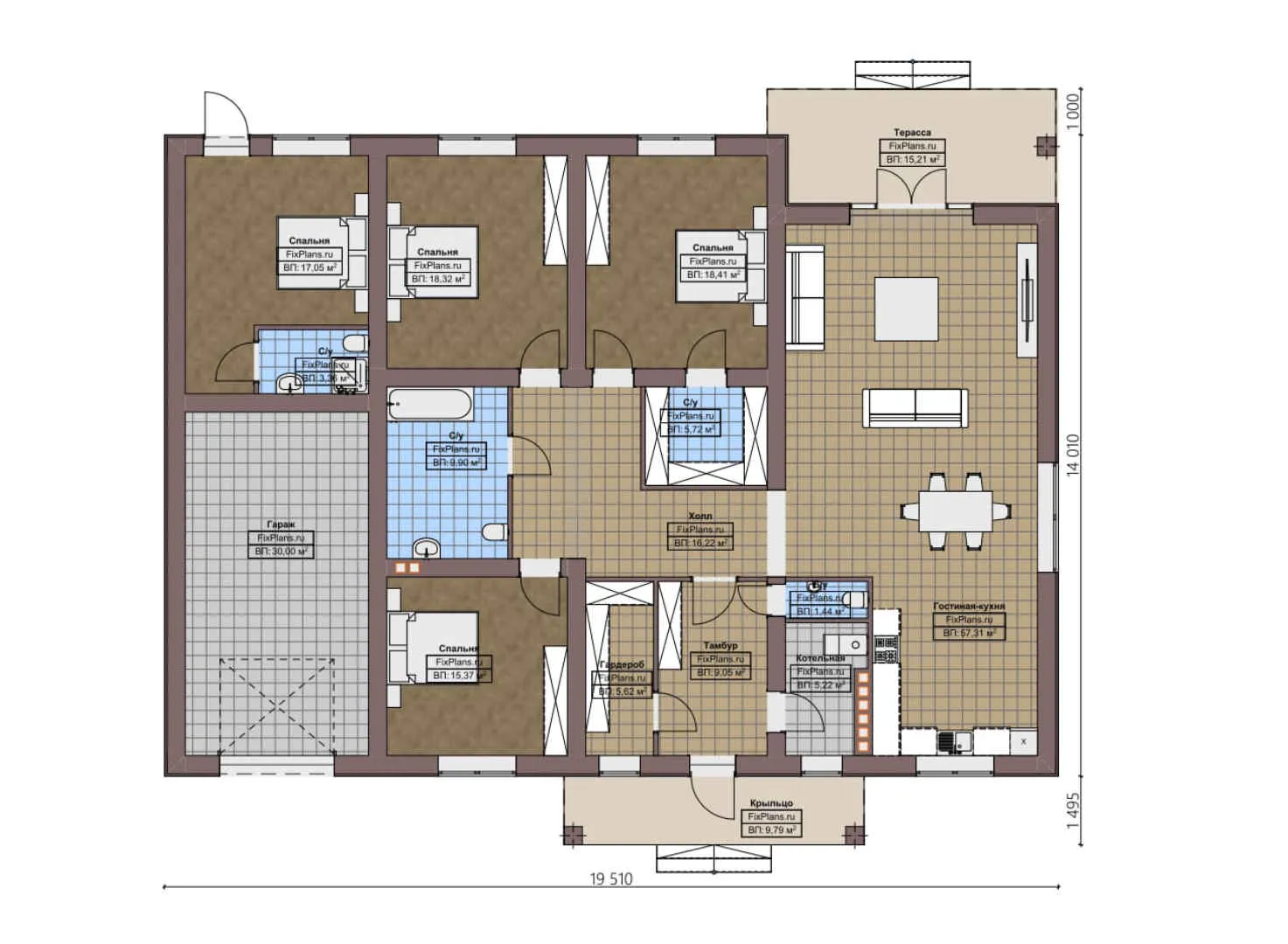 F-2933 - План одноэтажного дома 15 на 20, площадью 240 м² с террасой, гаражом на 1 машину и 4 спальнями