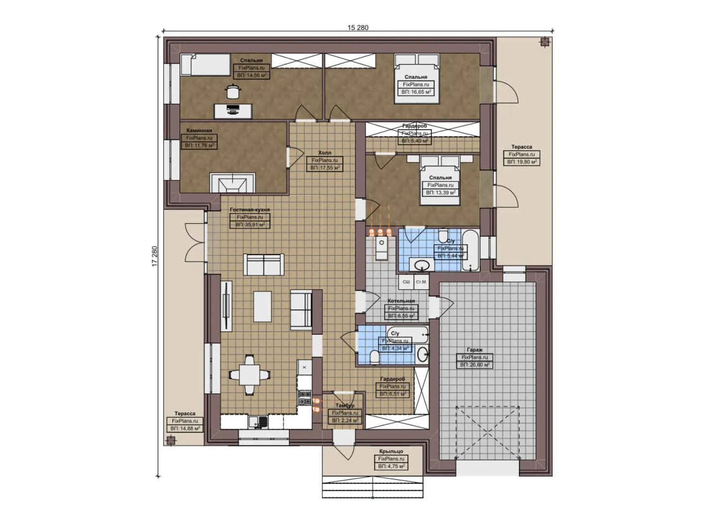 F-5696 - План одноэтажного дома 16 на 18, площадью 210 м² с террасой, гаражом на 1 машину и 3 спальнями