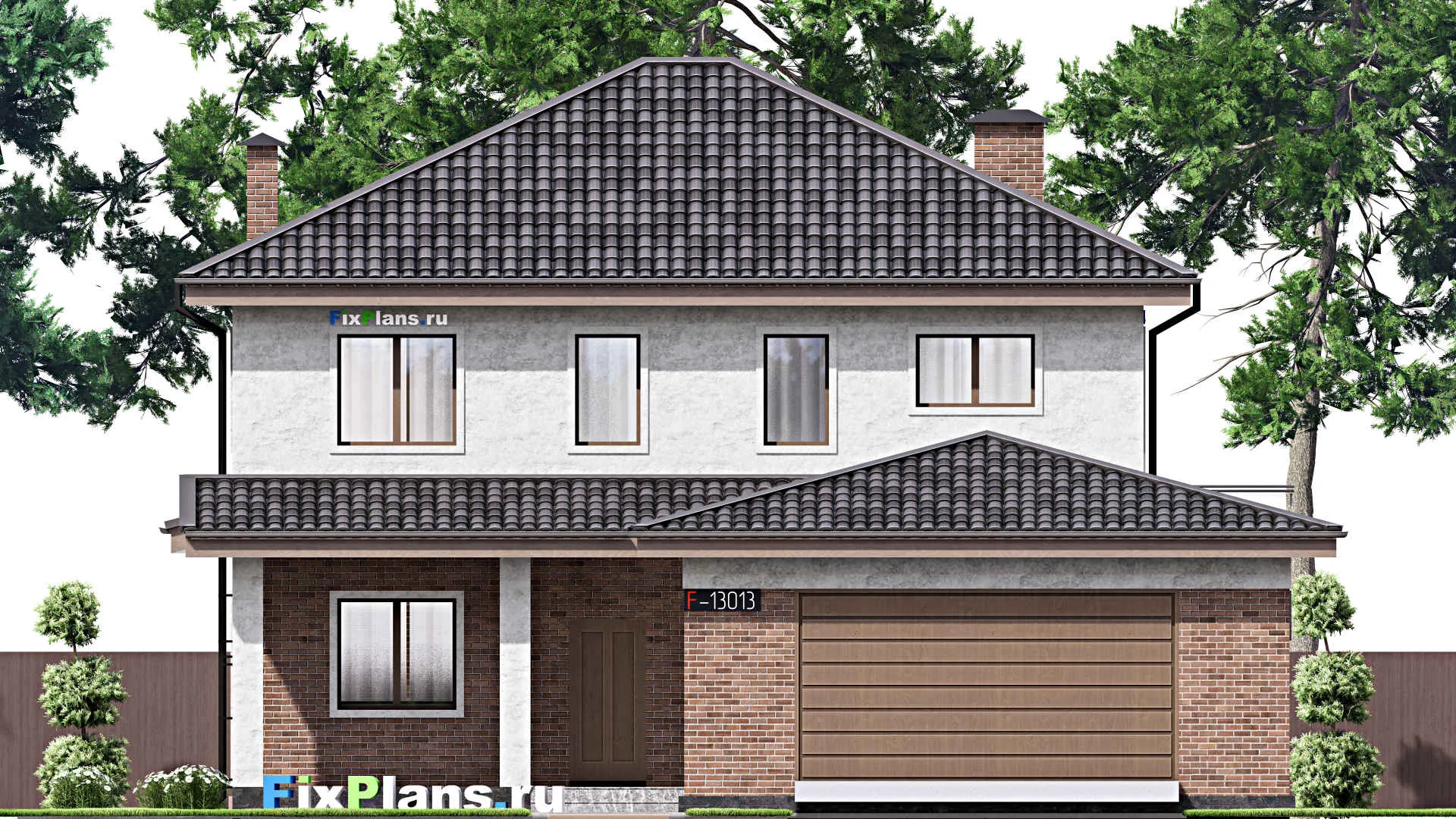 F-13013 - Проект двухэтажного дома 12 на 21, площадью 260 м² с террасой, гаражом на 2 машины и 5 спальнями