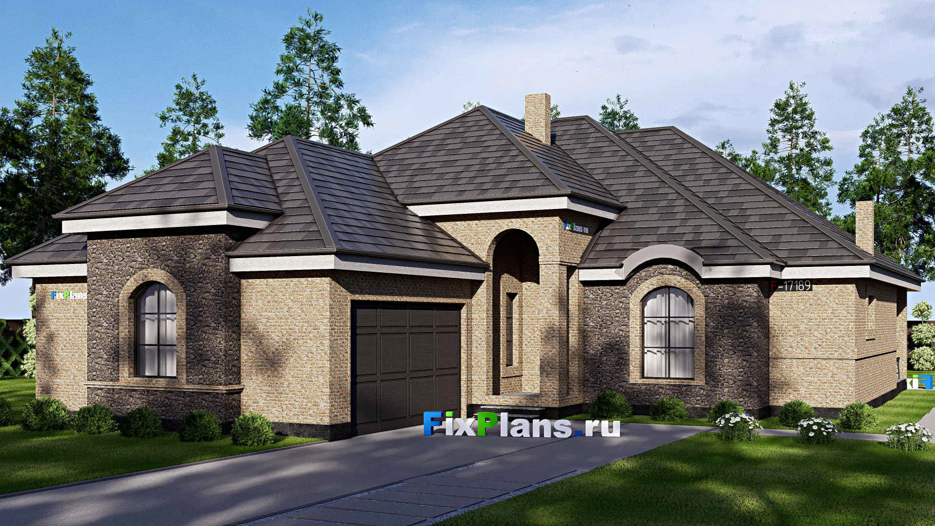 F-17189 - Проект одноэтажного дома 17 на 28, площадью 280 м² с террасой, гаражом на 2 машины и 3 спальнями