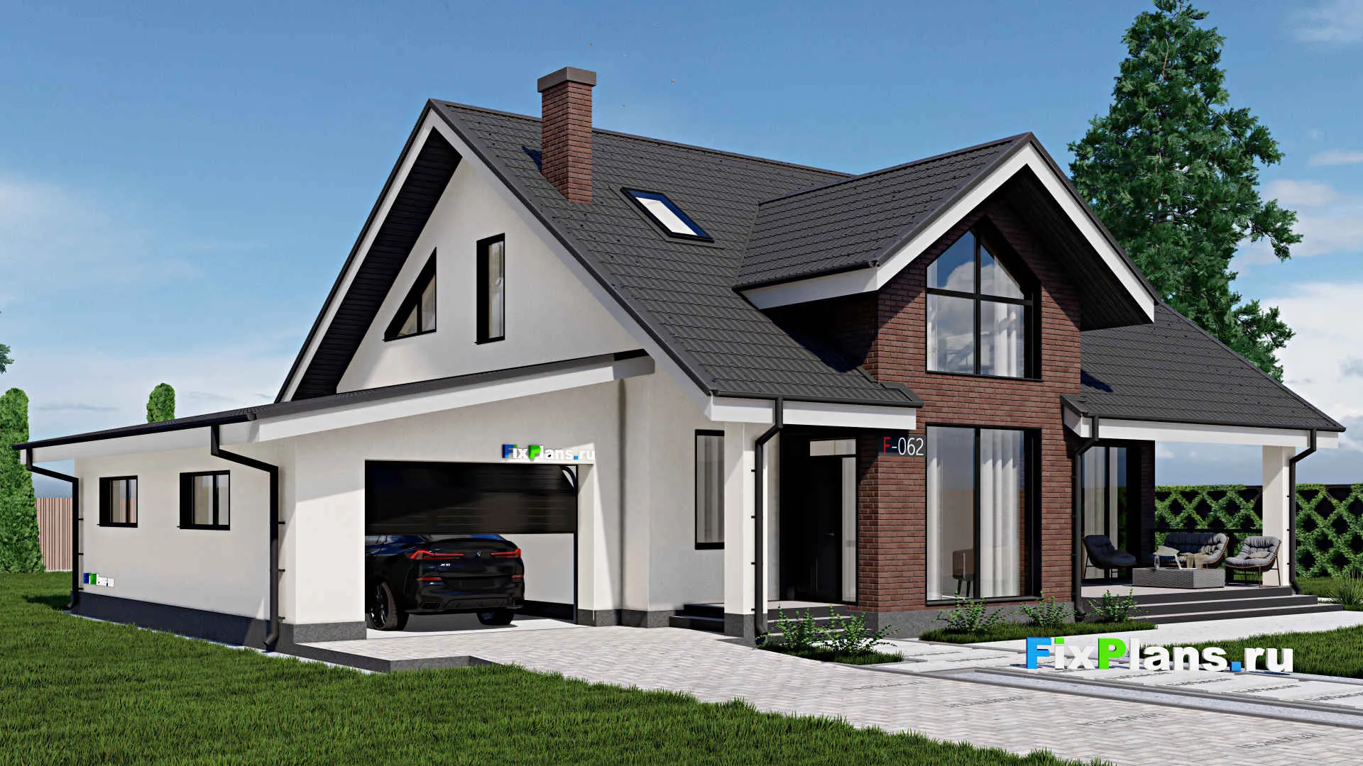 F-0062 - Проект дома с мансардой 14 на 18, площадью 280 м² с террасой, гаражом на 2 машины и 3 спальнями