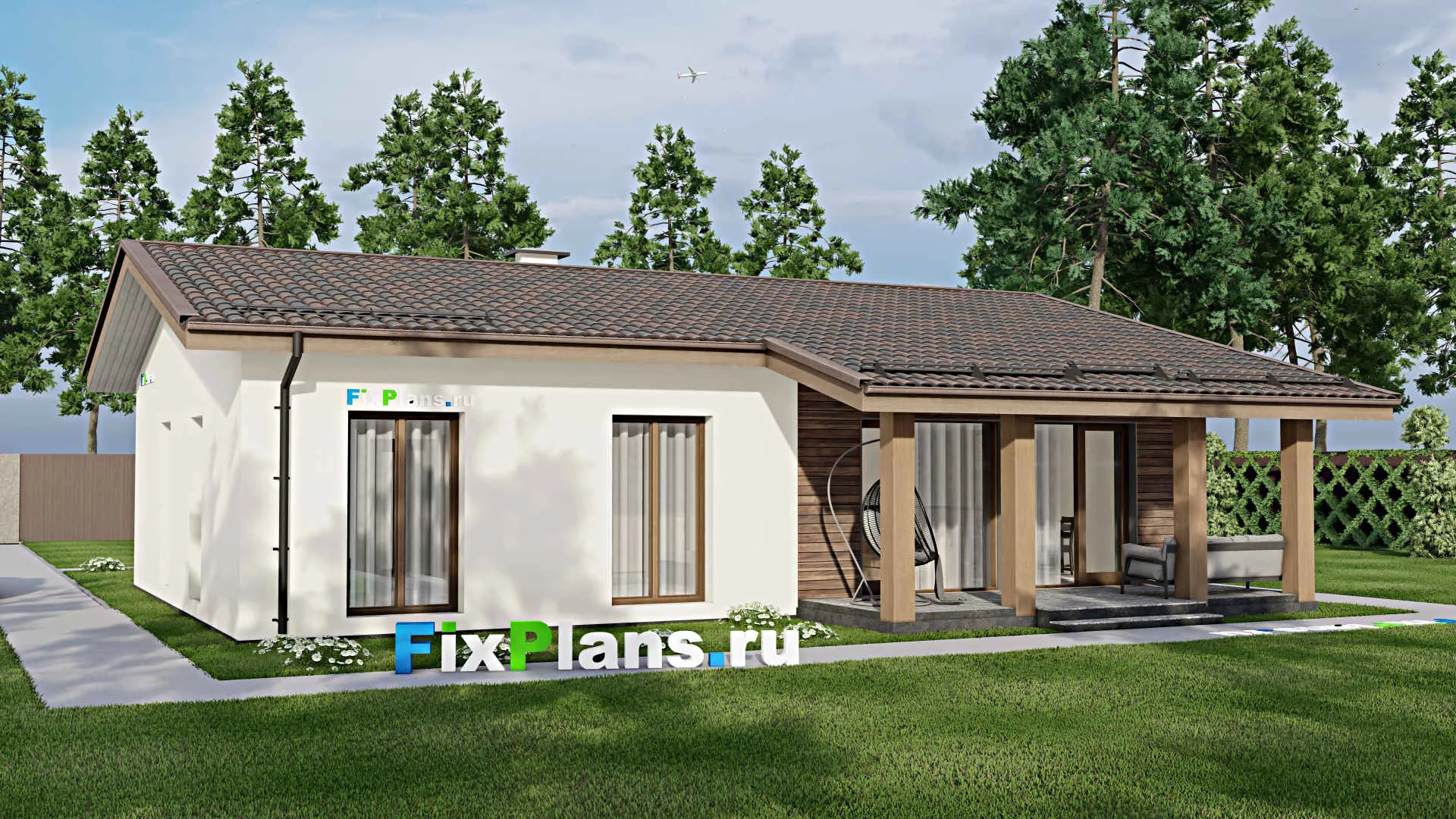 F-4580 - Проект одноэтажного дома 10 на 14, площадью 140 м² с террасой и 3 спальнями