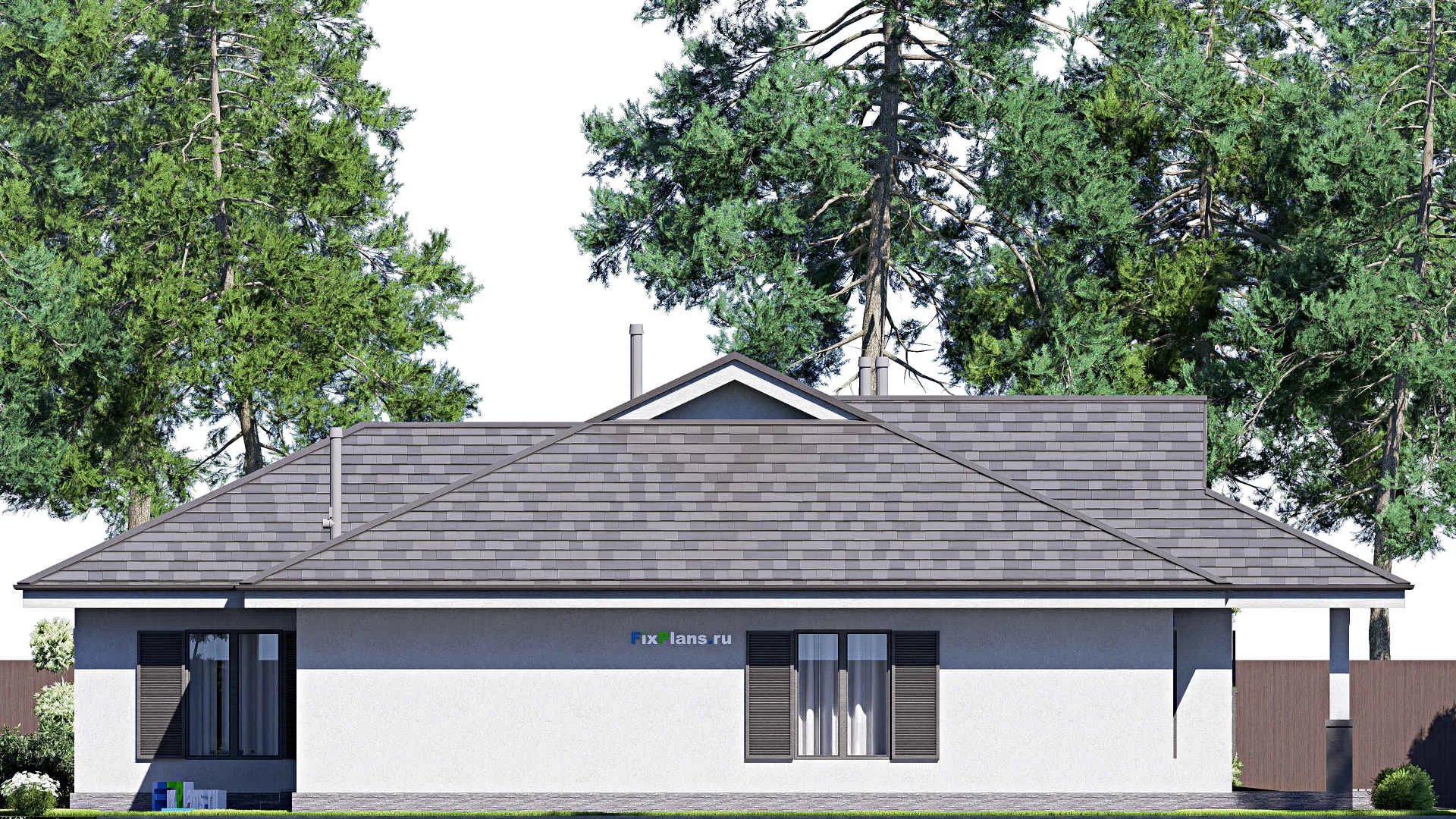 F-20096 - Проект одноэтажного дома 20 на 24, площадью 320 м² с террасой, гаражом на 2 машины и 5 спальнями