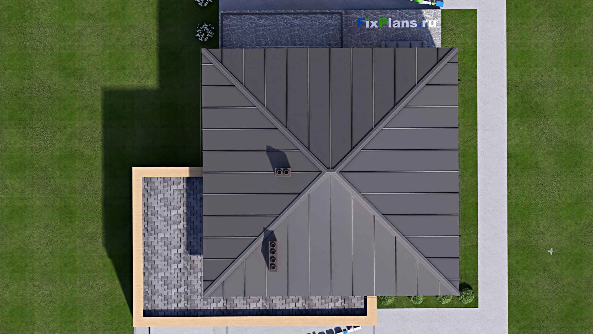 F-16001 - Проект двухэтажного дома 16 на 16, площадью 290 м² с террасой, балконом, гаражом на 1 машину и 4 спальнями