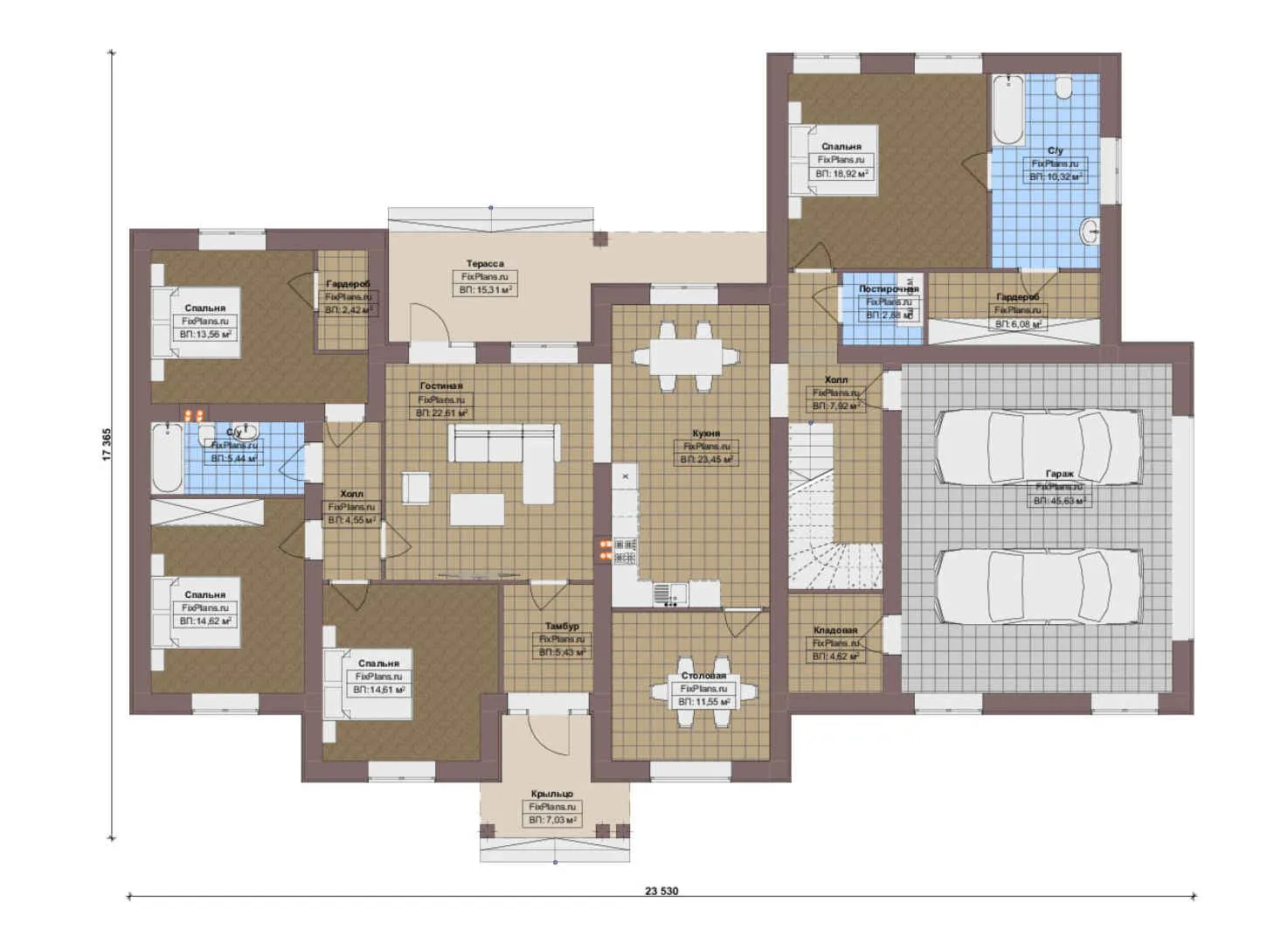 F-16910 - План одноэтажного дома 18 на 24, площадью 290 м² с террасой, гаражом на 2 машины и 4 спальнями
