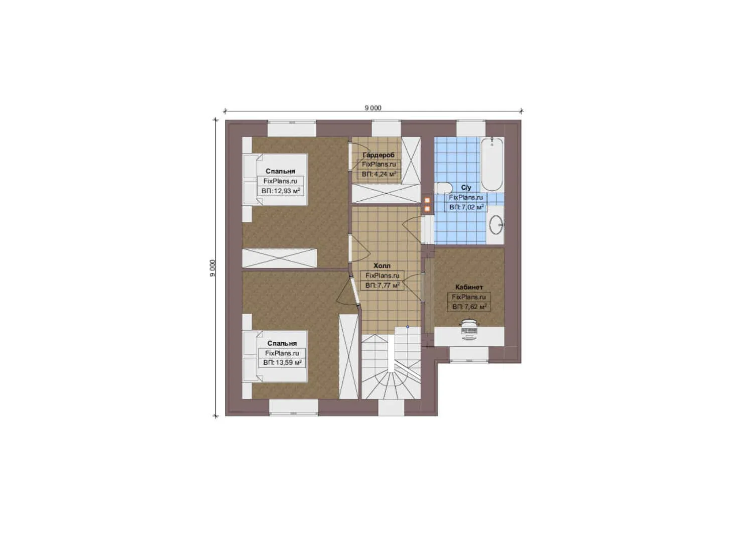 F-12374 - Планы дома с мансардой 9 на 9, площадью 120 м² с 3 спальнями