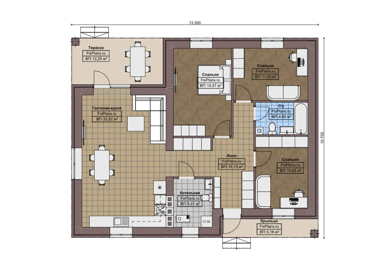 F-8099 - План одноэтажного дома 11 на 14, площадью 120 м² с террасой и 3 спальнями