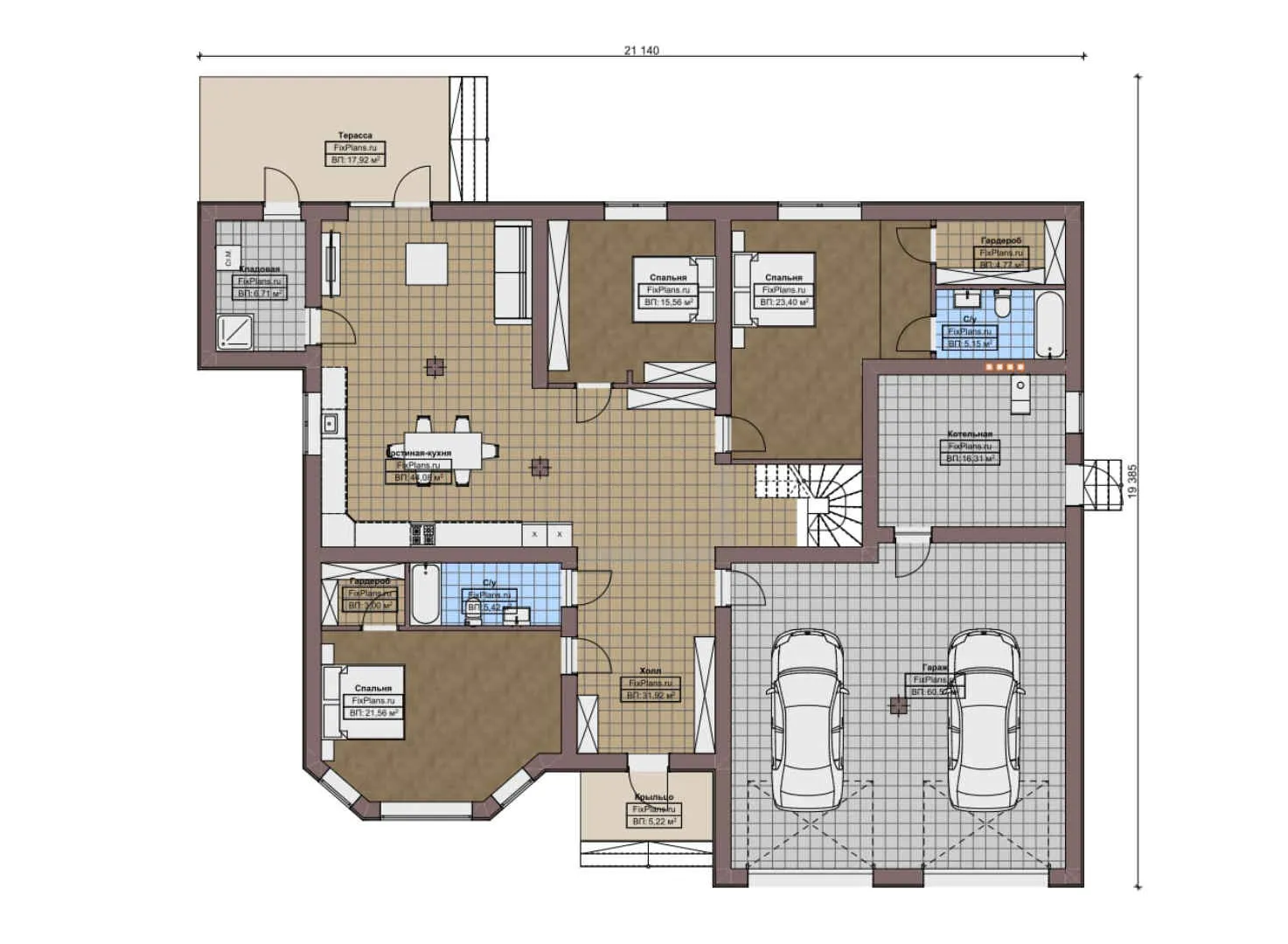F-5723 - План одноэтажного дома 20 на 22, площадью 270 м² с террасой, гаражом на 2 машины и 3 спальнями