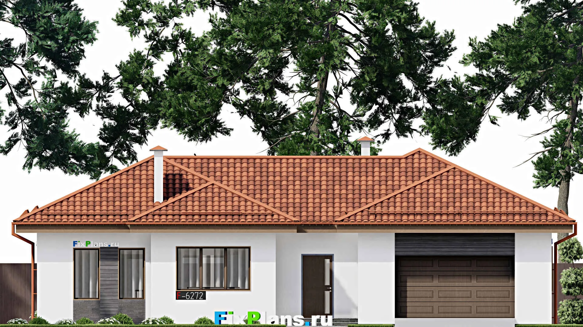 F-6272 - Проект одноэтажного дома 17 на 18, площадью 170 м² с террасой, гаражом на 1 машину и 3 спальнями