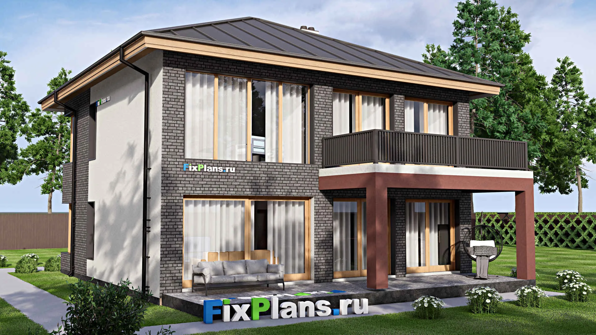 F-16001 - Проект двухэтажного дома 16 на 16, площадью 290 м² с террасой, балконом, гаражом на 1 машину и 4 спальнями