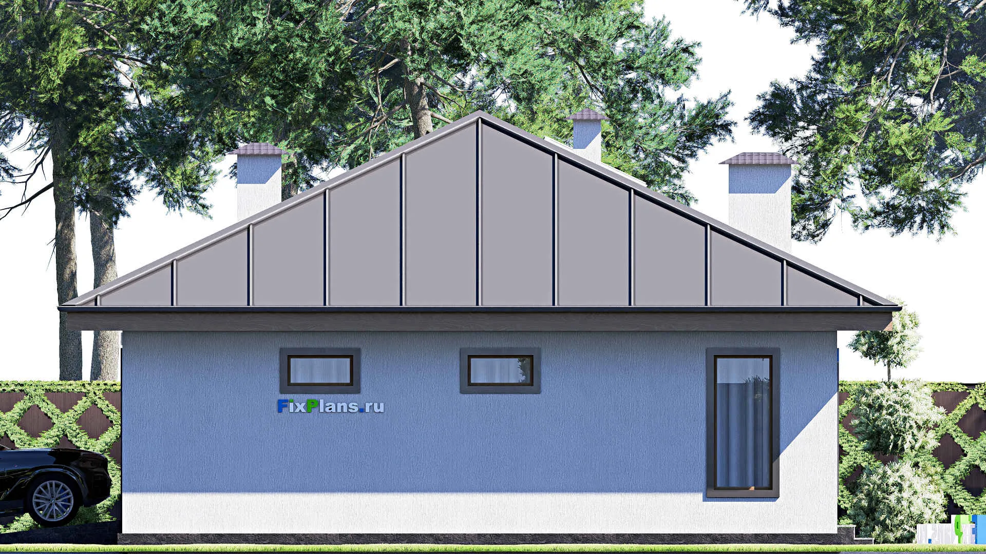 F-17909 - Проект одноэтажного дома 11 на 19, площадью 160 м² с террасой, гаражом на 2 машины и 3 спальнями