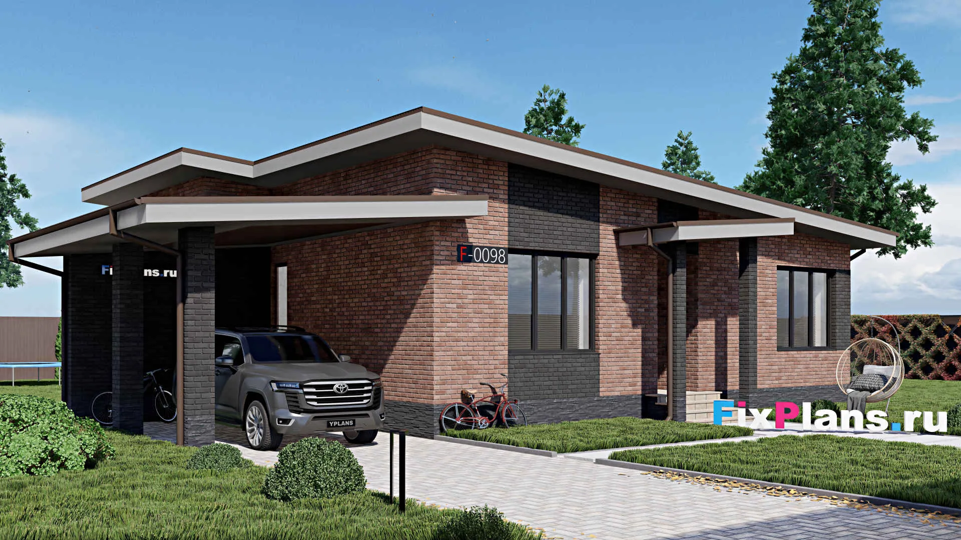 F-0098 - Проект одноэтажного дома 16 на 16, площадью 160 м² с террасой и 3 спальнями