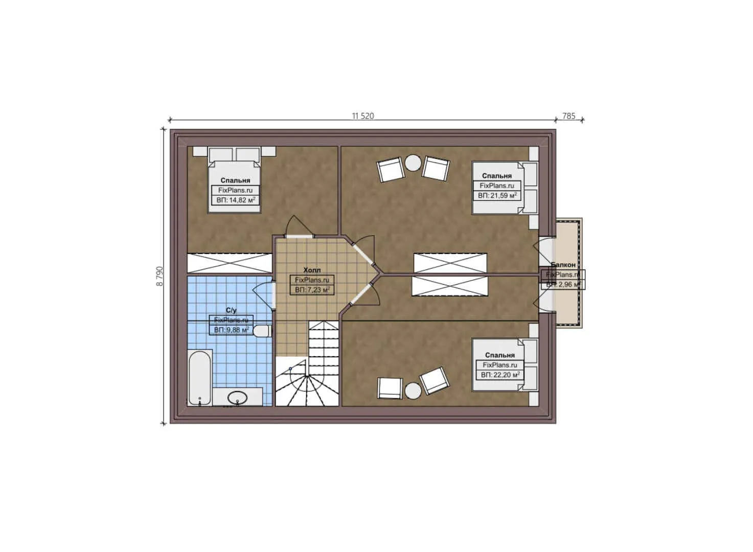 F-2906 - Планы дома с мансардой 9 на 17, площадью 210 м² с террасой, балконом, гаражом на 1 машину и 4 спальнями
