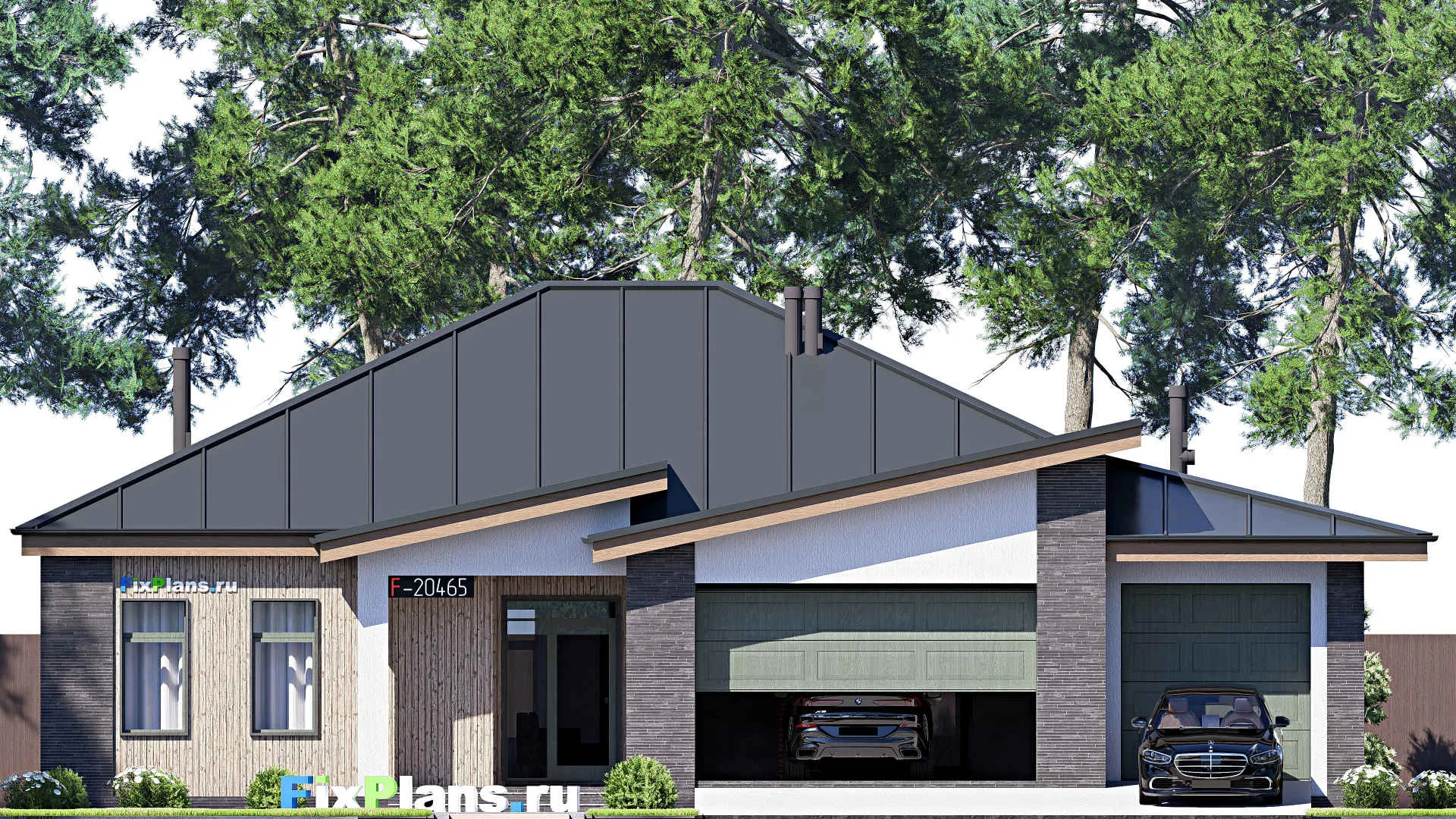 F-20465 - Проект одноэтажного дома 17 на 18, площадью 200 м² с террасой, гаражом на 2 машины и 3 спальнями