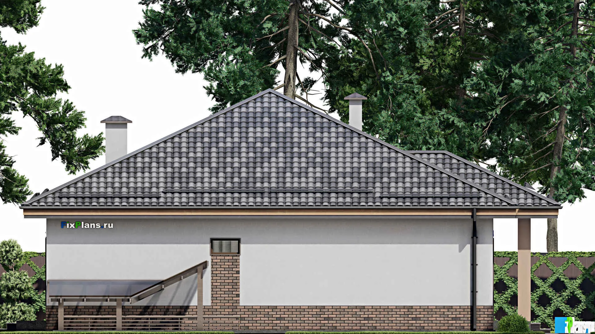 F-8981 - Проект одноэтажного дома 14 на 16, площадью 210 м² с террасой, цокольным этажом и 4 спальнями