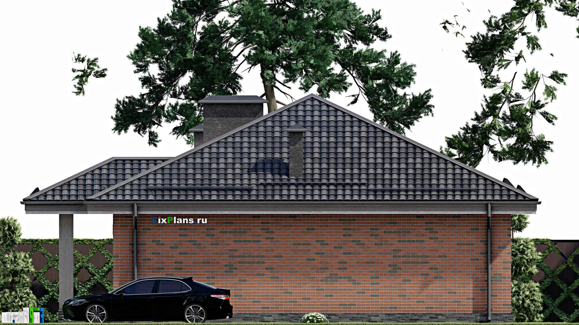 F-5489 - Проект одноэтажного дома 12 на 14, площадью 130 м² с террасой и 3 спальнями