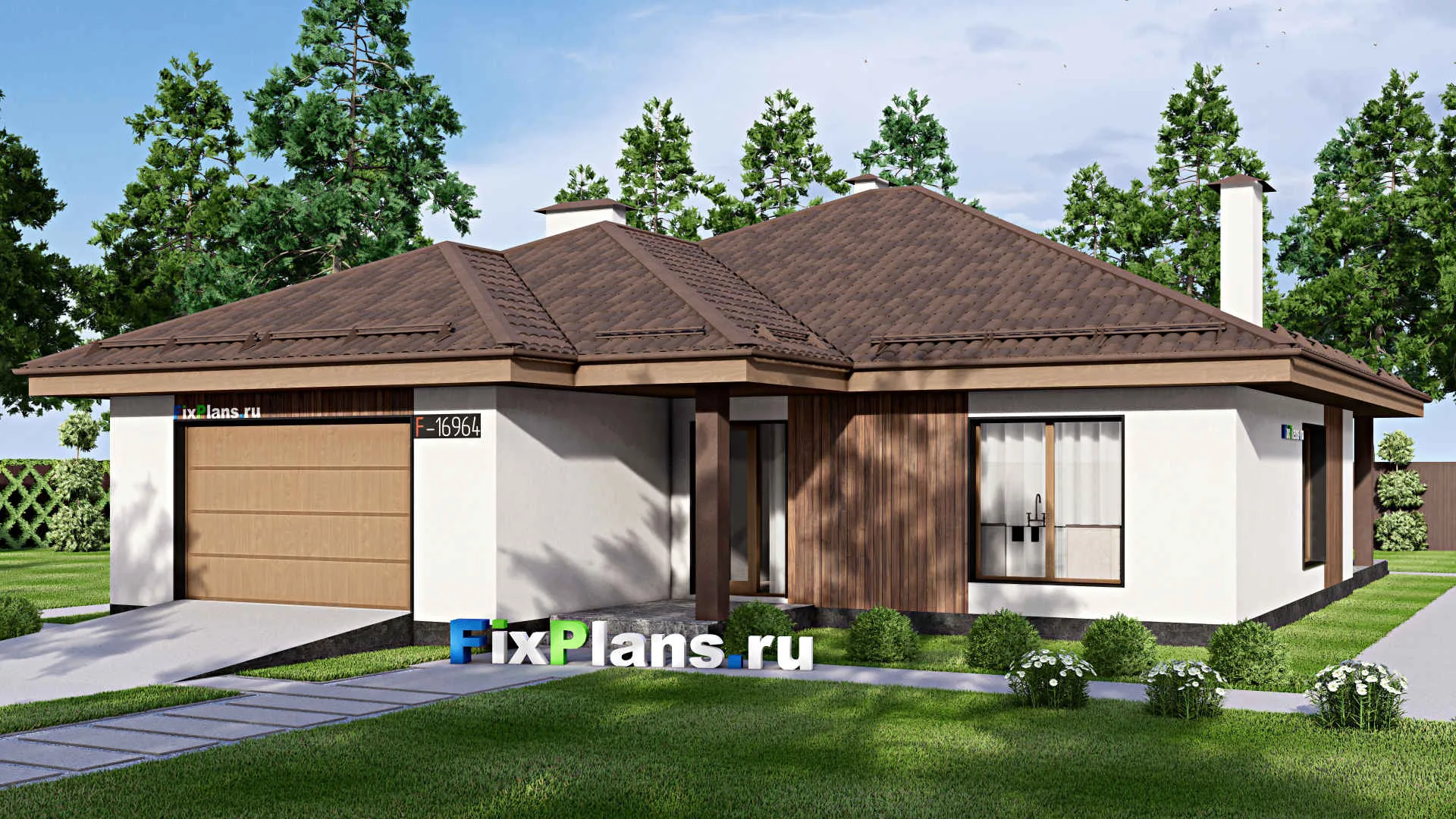 F-16964 - Проект одноэтажного дома 16 на 20, площадью 210 м² с террасой, гаражом на 1 машину и 3 спальнями