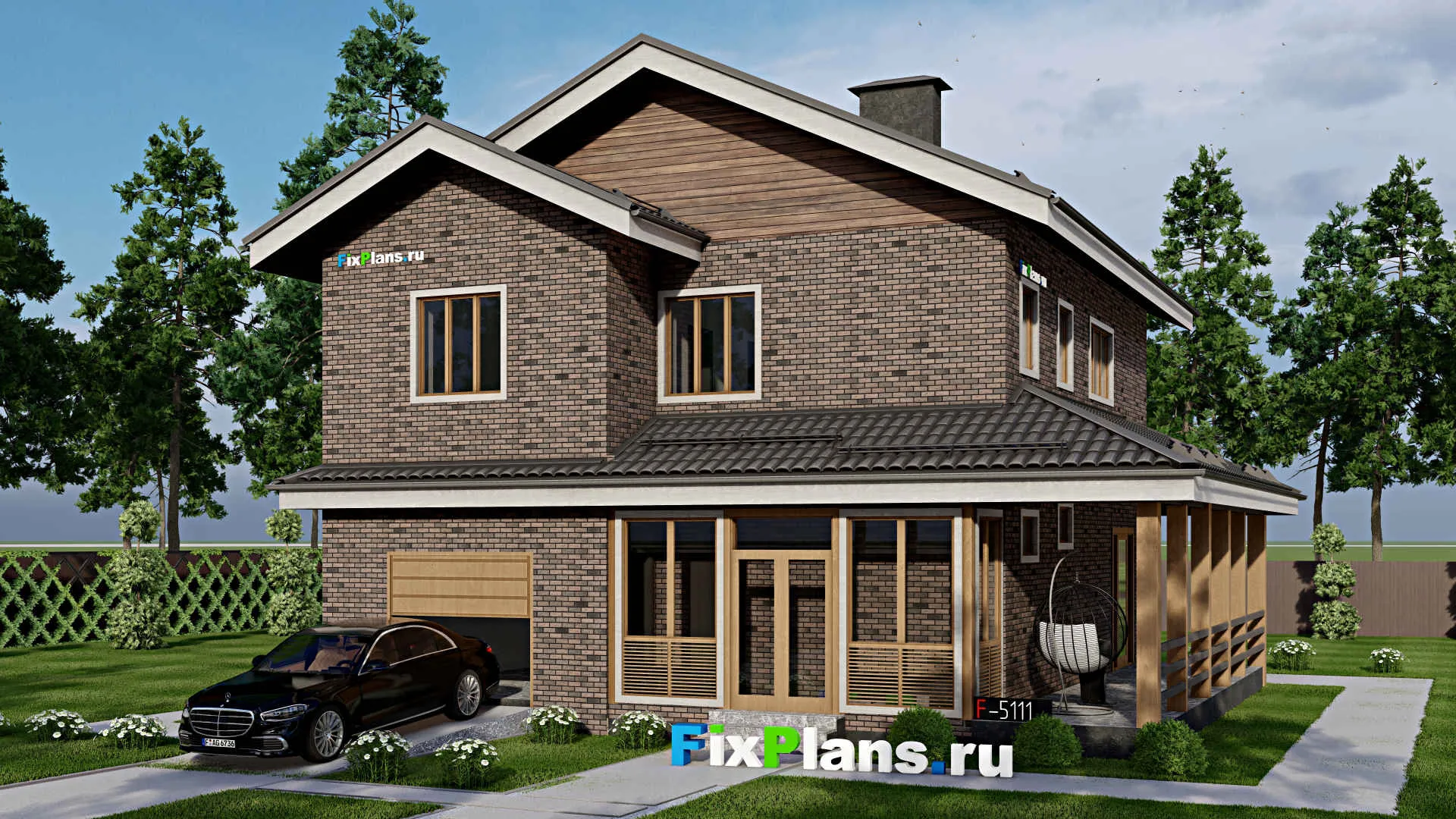 F-5111 - Проект двухэтажного дома 11 на 12, площадью 200 м² с террасой, гаражом на 1 машину и 4 спальнями
