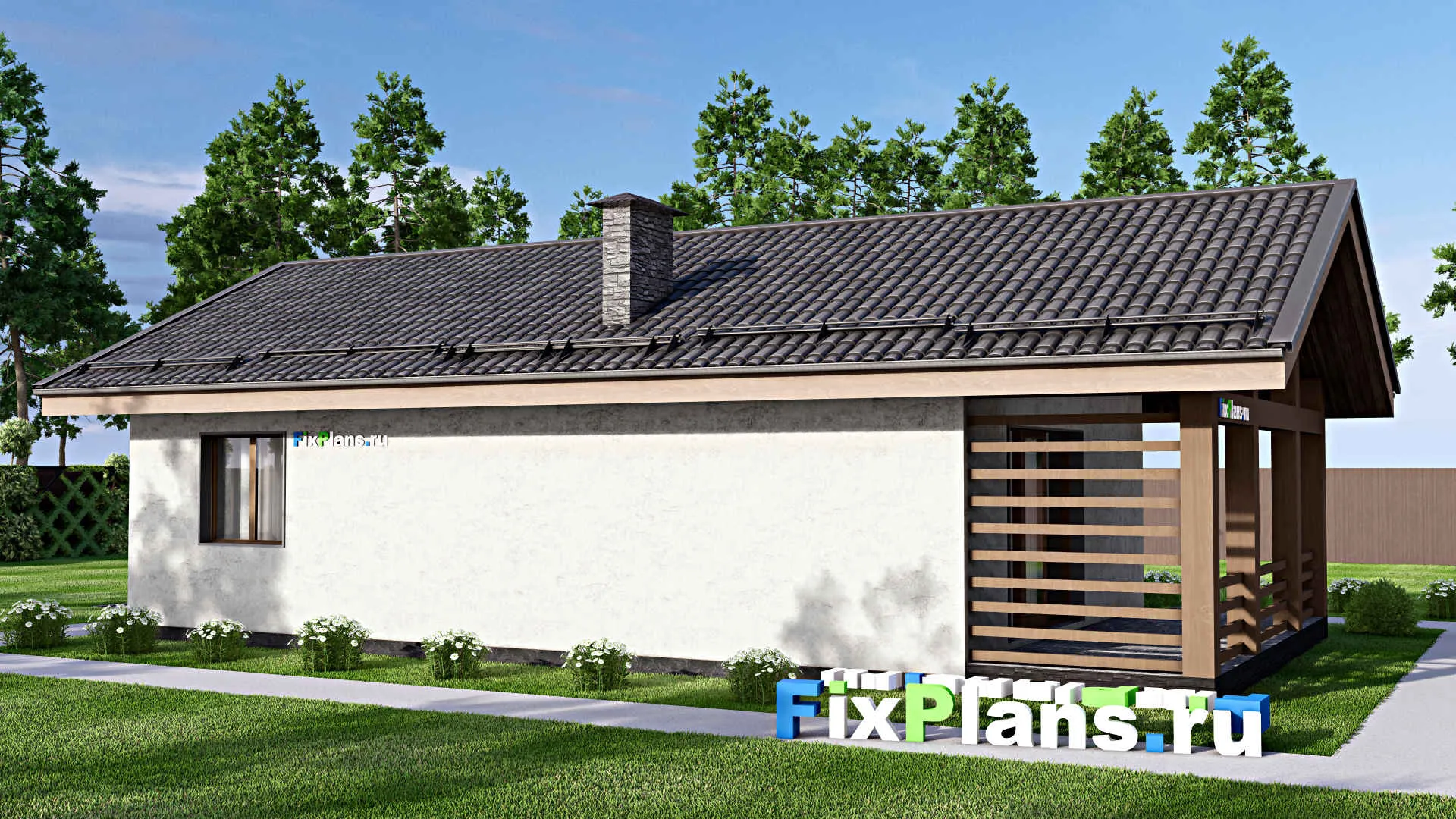 F-13058 - Проект одноэтажного дома 10 на 15, площадью 100 м² с террасой, баней и 2 спальнями