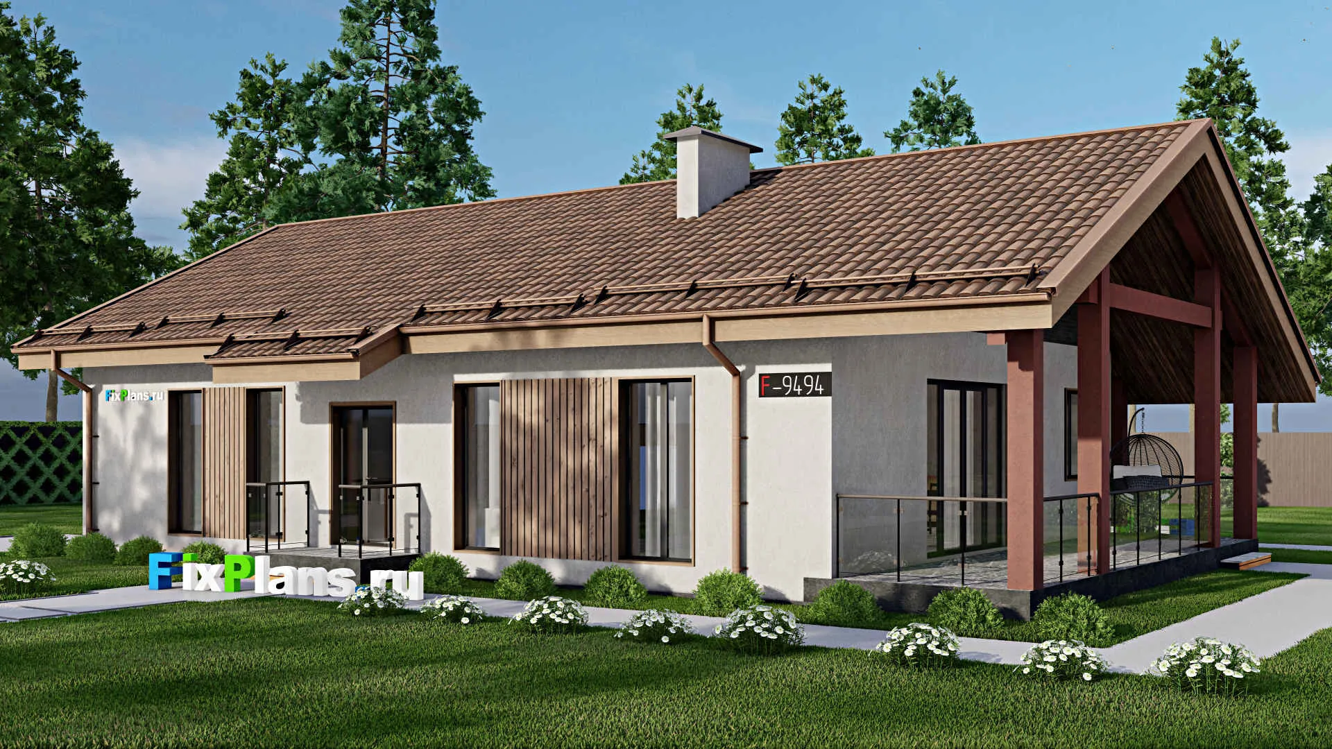 F-9494 - Проект одноэтажного дома 13 на 18, площадью 260 м² с террасой, цокольным этажом и 2 спальнями