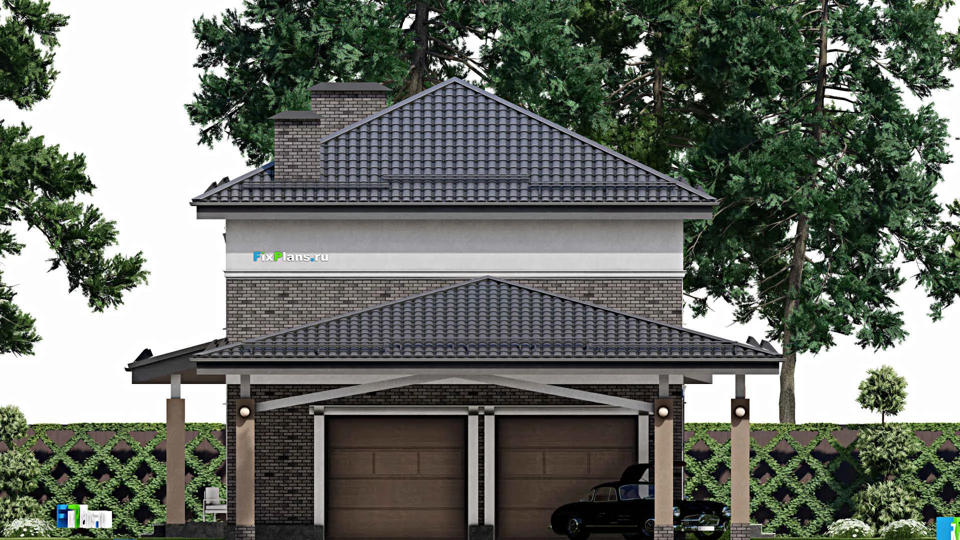 F-10079 - Проект двухэтажного дома 12 на 28, площадью 270 м² с террасой, баней, гаражом на 1 машину и 5 спальнями