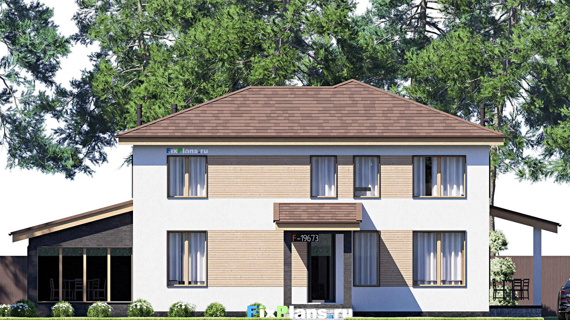 F-19673 - Проект двухэтажного дома 13 на 20, площадью 260 м² с террасой и 3 спальнями