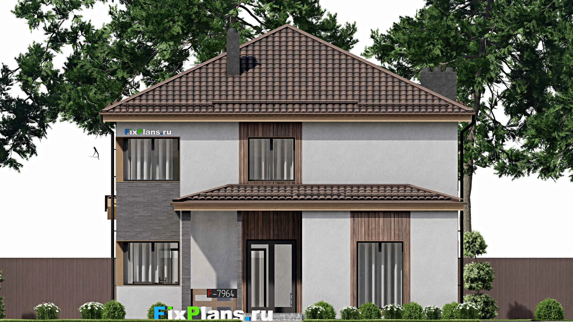F-7964 - Проект двухэтажного дома 12 на 17, площадью 230 м² с террасой, баней и 4 спальнями