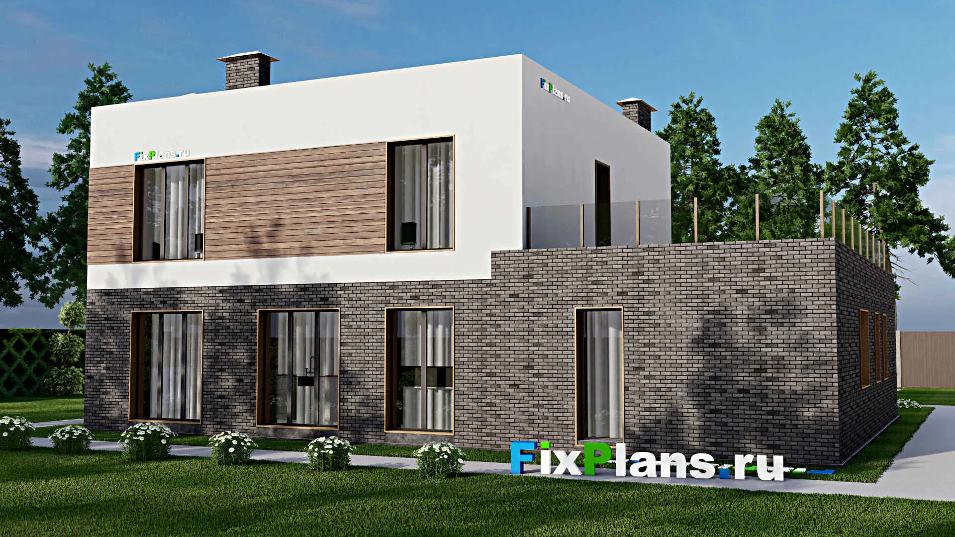 F-7784 - Проект двухэтажного дома 12 на 17, площадью 280 м² с балконом, баней, гаражом на 1 машину и 4 спальнями