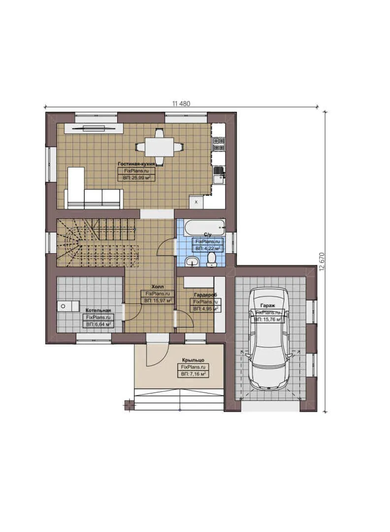 F-1961 - Планы двухэтажного дома 12 на 13, площадью 140 м² с гаражом на 1 машину и 2 спальнями