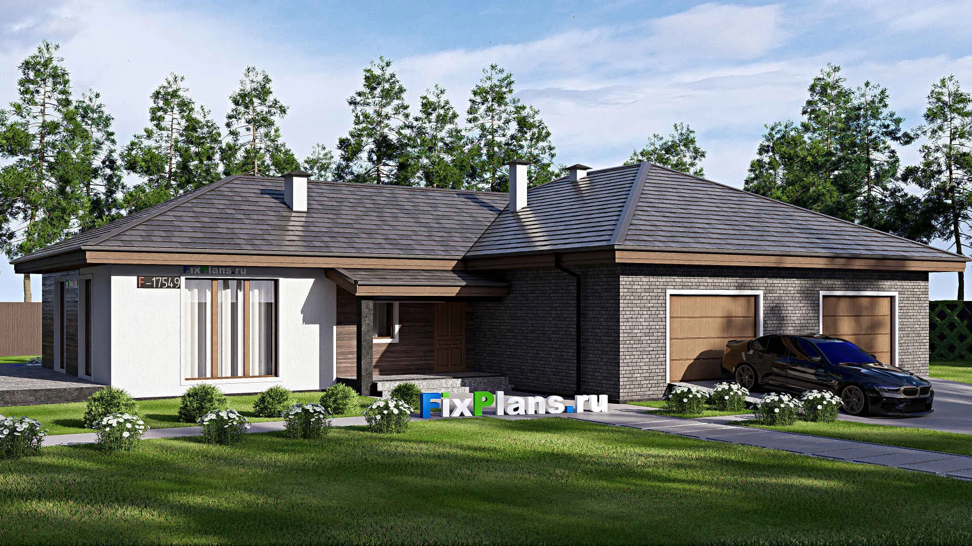 F-17549 - Проект одноэтажного дома 18 на 24, площадью 270 м² с террасой, баней, гаражом на 2 машины и 3 спальнями