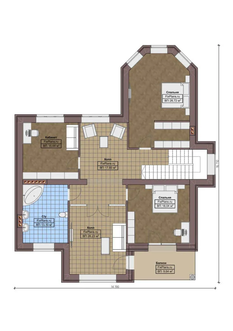 F-0395 - Планы двухэтажного дома 15 на 17, площадью 290 м² с террасой, балконом и 2 спальнями