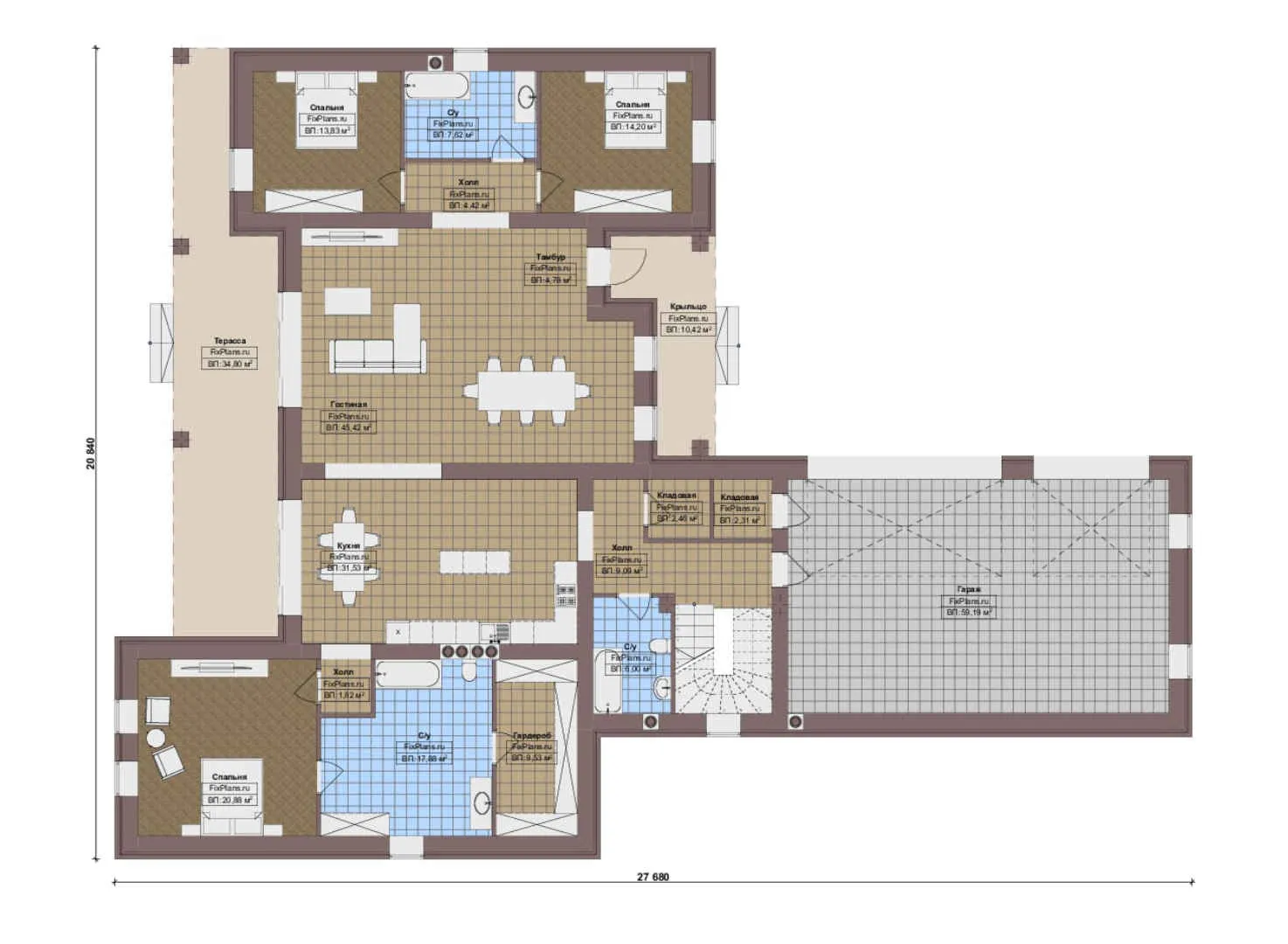 F-17207 - План одноэтажного дома 21 на 28, площадью 300 м² с террасой, гаражом на 2 машины и 3 спальнями