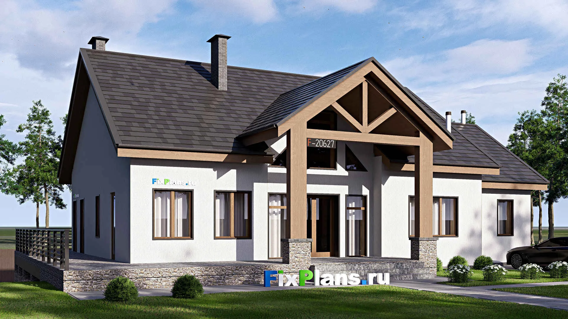 F-20627 - Проект одноэтажного дома 18 на 23, площадью 570 м² с террасой, цокольным этажом, гаражом на 2 машины и 3 спальнями