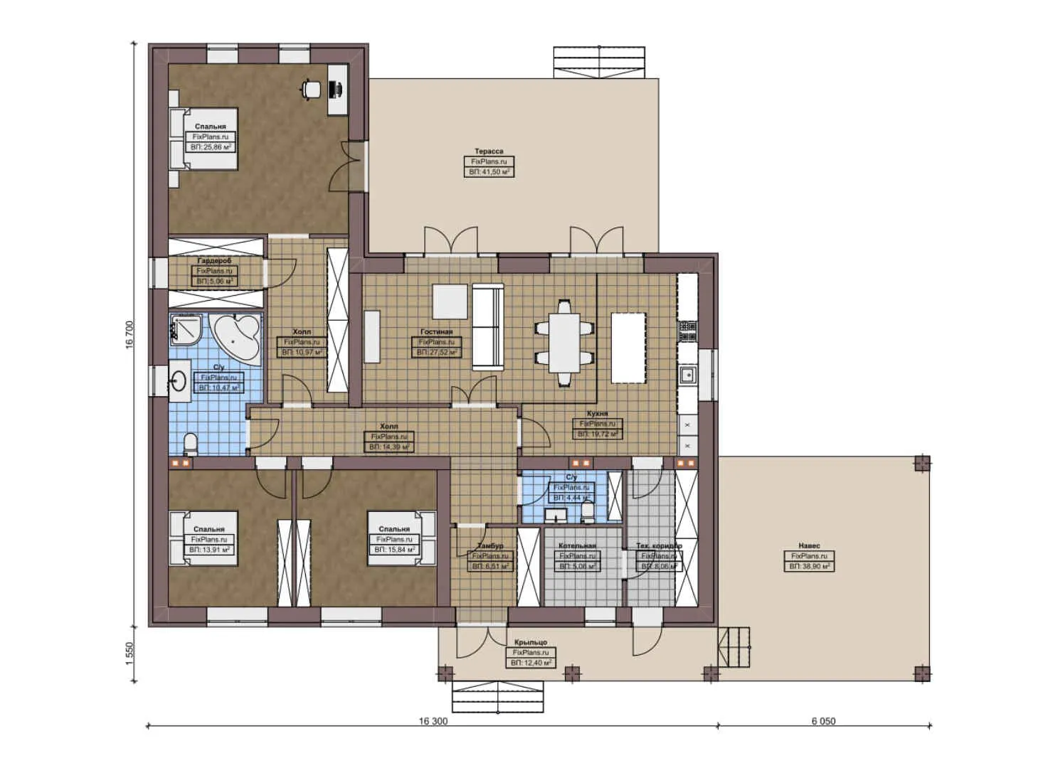 F-6542 - План одноэтажного дома 17 на 17, площадью 270 м² с террасой и 3 спальнями