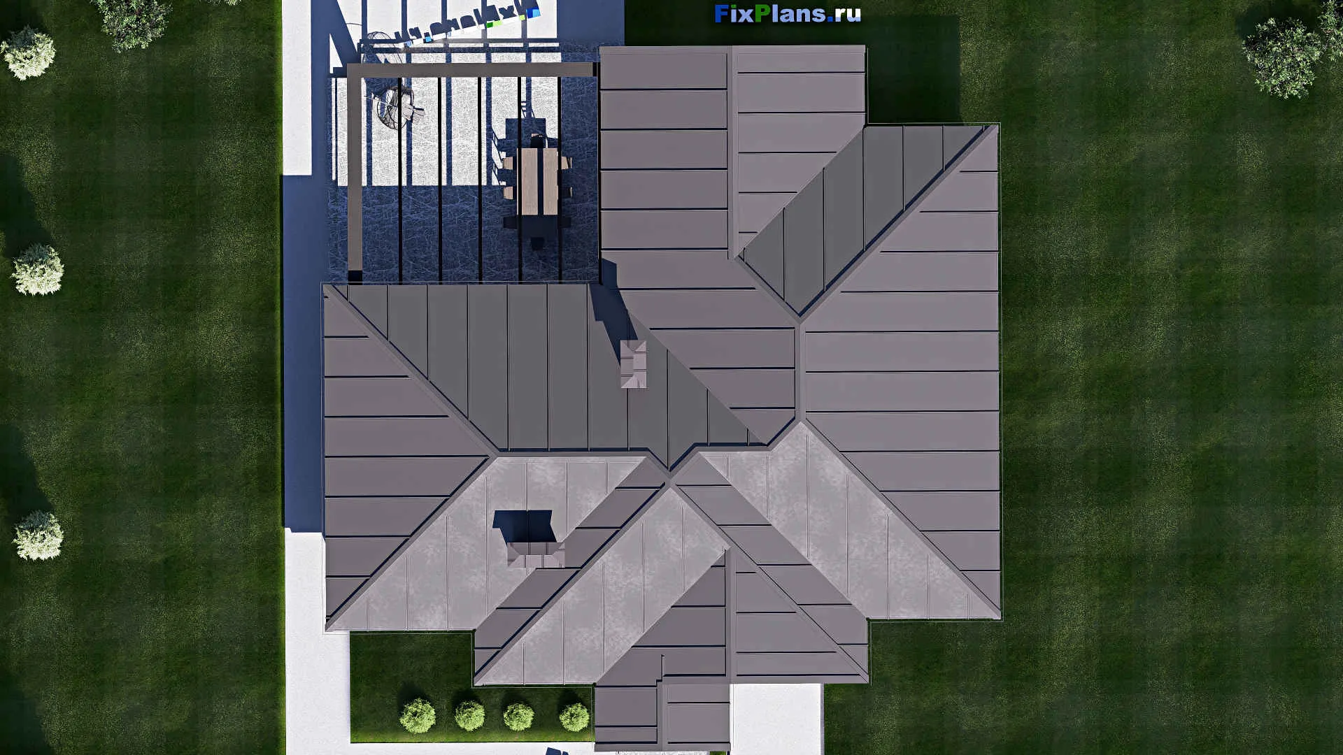 F-19403 - Проект одноэтажного дома 18 на 19, площадью 230 м² с террасой, гаражом на 1 машину и 4 спальнями