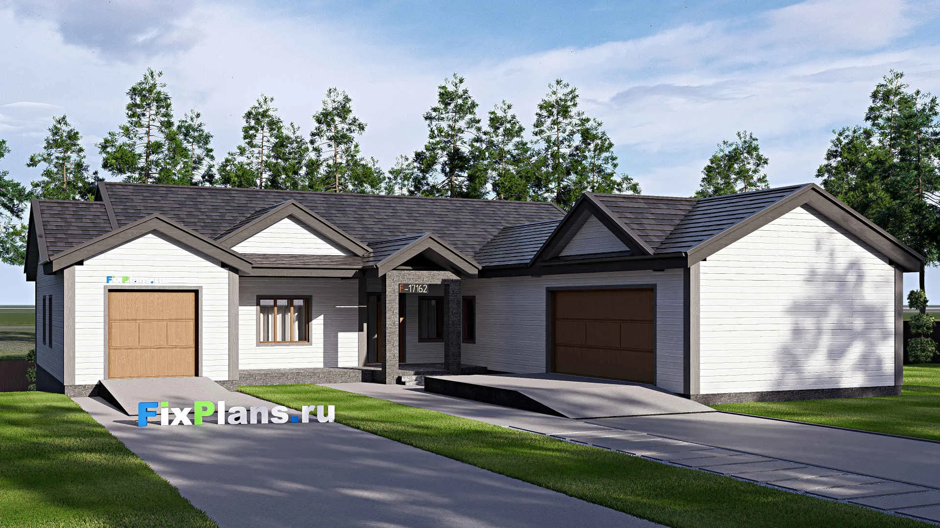 F-17162 - Проект одноэтажного дома 21 на 34, площадью 710 м² с террасой, цокольным этажом, гаражом на 2 машины и 4 спальнями