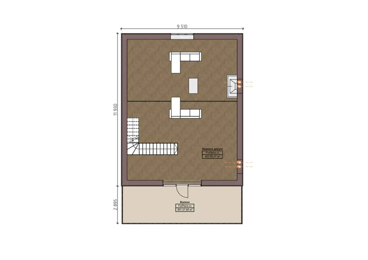 F-3779 - Планы дома с мансардой 15 на 26, площадью 400 м² с террасой, балконом, баней, гаражом на 1 машину и 3 спальнями